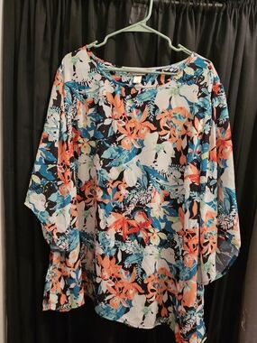 CJ Banks Multicolor Floral Tunic - Blue, Coral, White